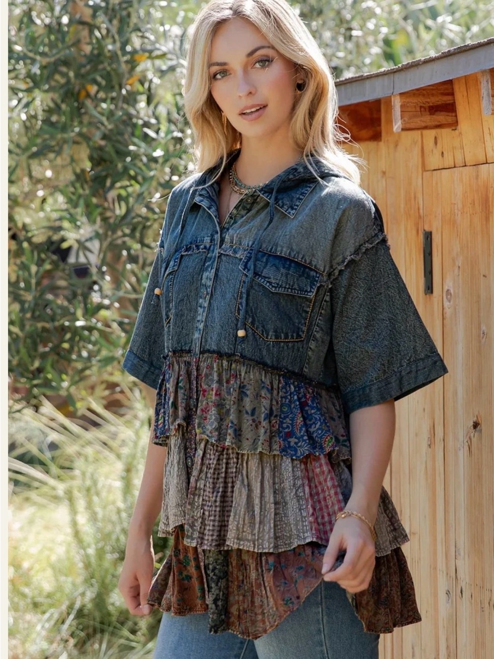 Young Threads NWT Denim Hooded Boho Shirt with Mixed Patchwork Ruffles Size L - Picture 3 of 13
